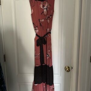 Floral Pink Maxi Dress with Contrast Waist Tie